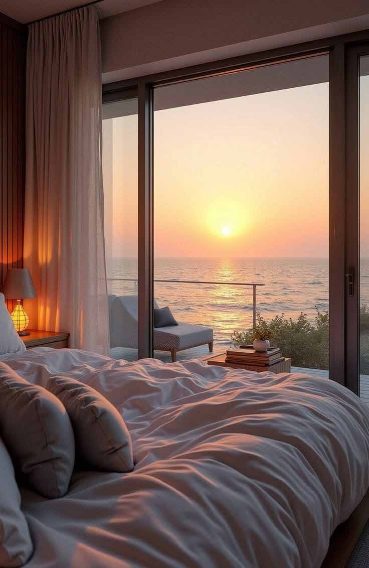 Recámara con vista al mar al atardecer