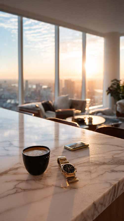Café y reloj sobre barra de mármol con vista a la ciudad