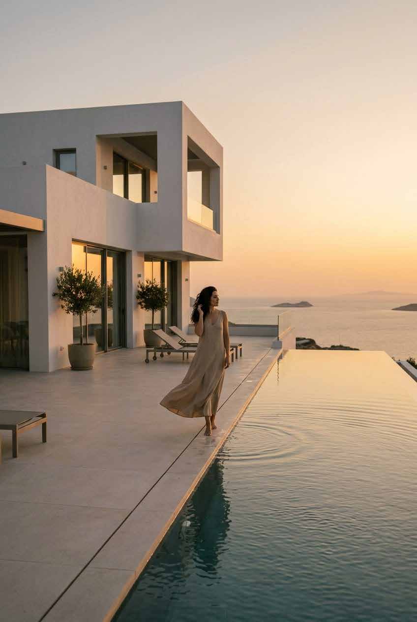Villa contemporánea frente al mar al atardecer con alberca infinita